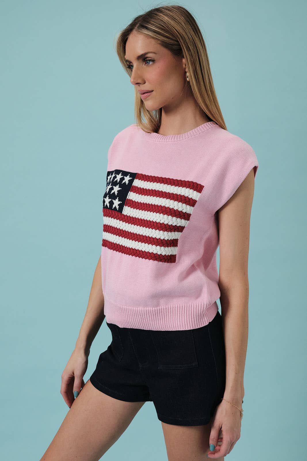 Sunday Edition - ROUND NECK WIDE SHOULDER USA FLAG SWEATER: LT BLUE / L