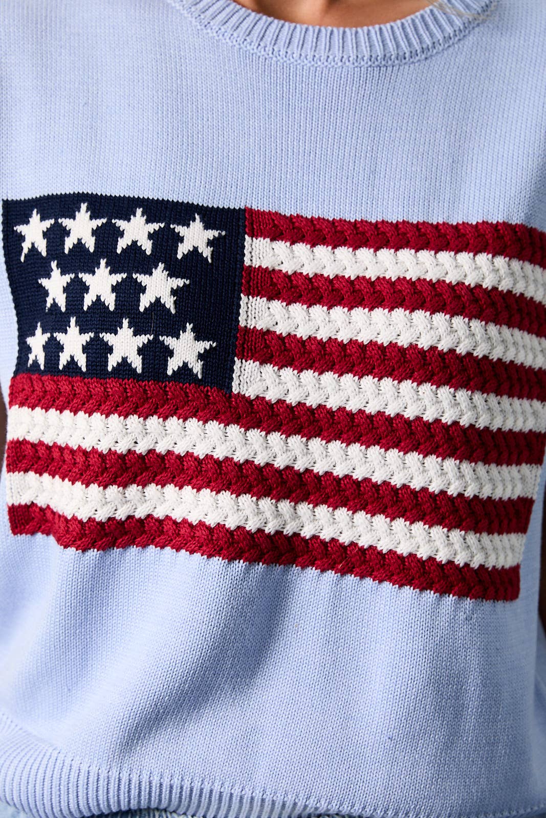 Sunday Edition - ROUND NECK WIDE SHOULDER USA FLAG SWEATER: LT BLUE / M