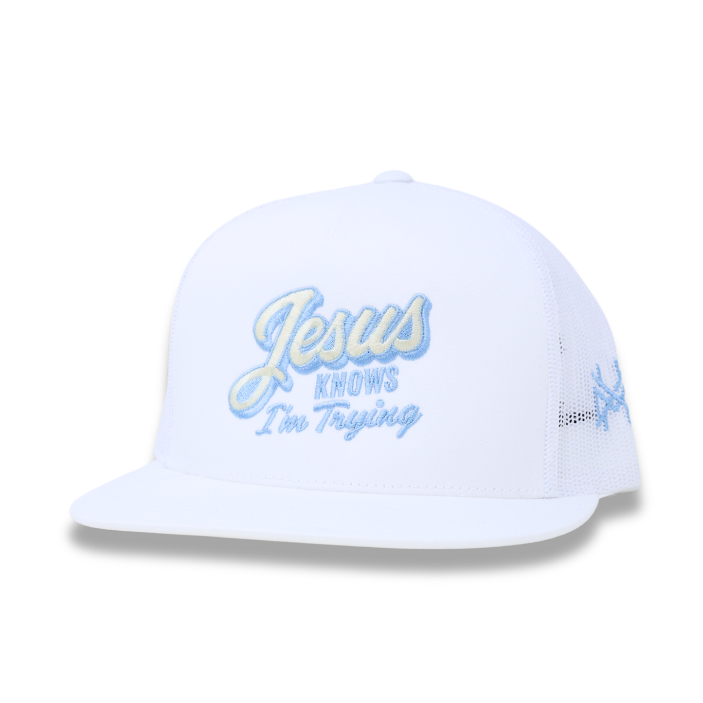 The Mad Hatter Co - Jesus Knows I'm Trying Trucker Hat: Retro Powder Blue/Natural