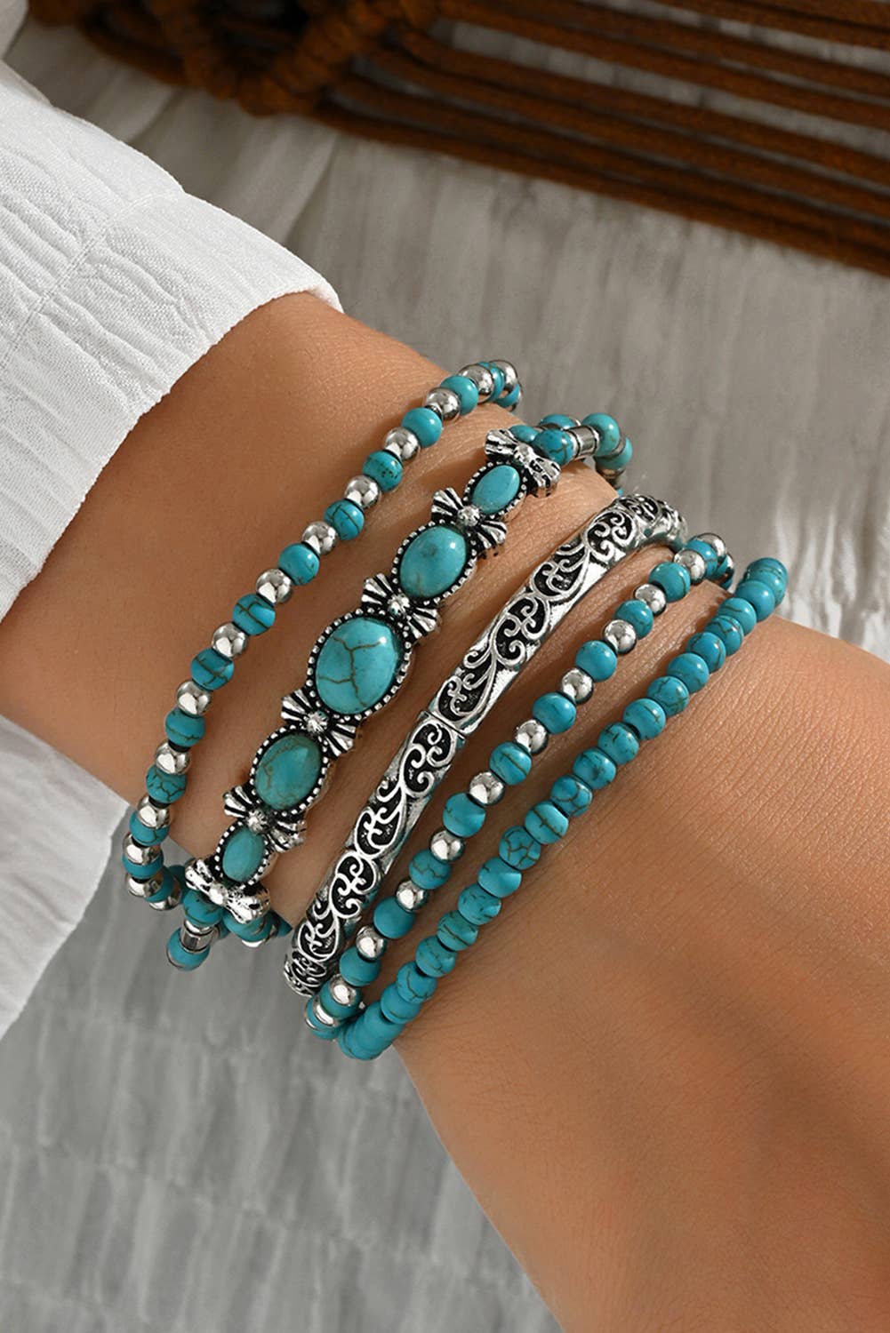 Little Daisy Closet -  LDC Western Turquoise Beading 5pcs Layered Bracelet: Silvery