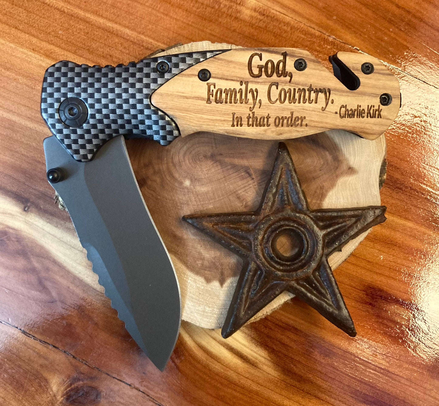 Quail Tail Laser Art - The "God, Family, Country" Knife, Charlie Kirk Quote