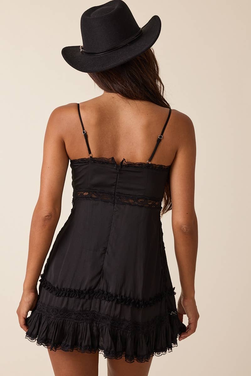 Sky to Moon - SOLID COLOR SWEETHEART LACE TRIM PREPPY MINI DRESS: BLACK / M