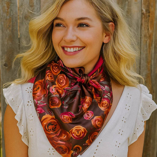 Rodeo Drive - 35X35"  Pink and Rust Roses Wild Rag / Scarf WR1007