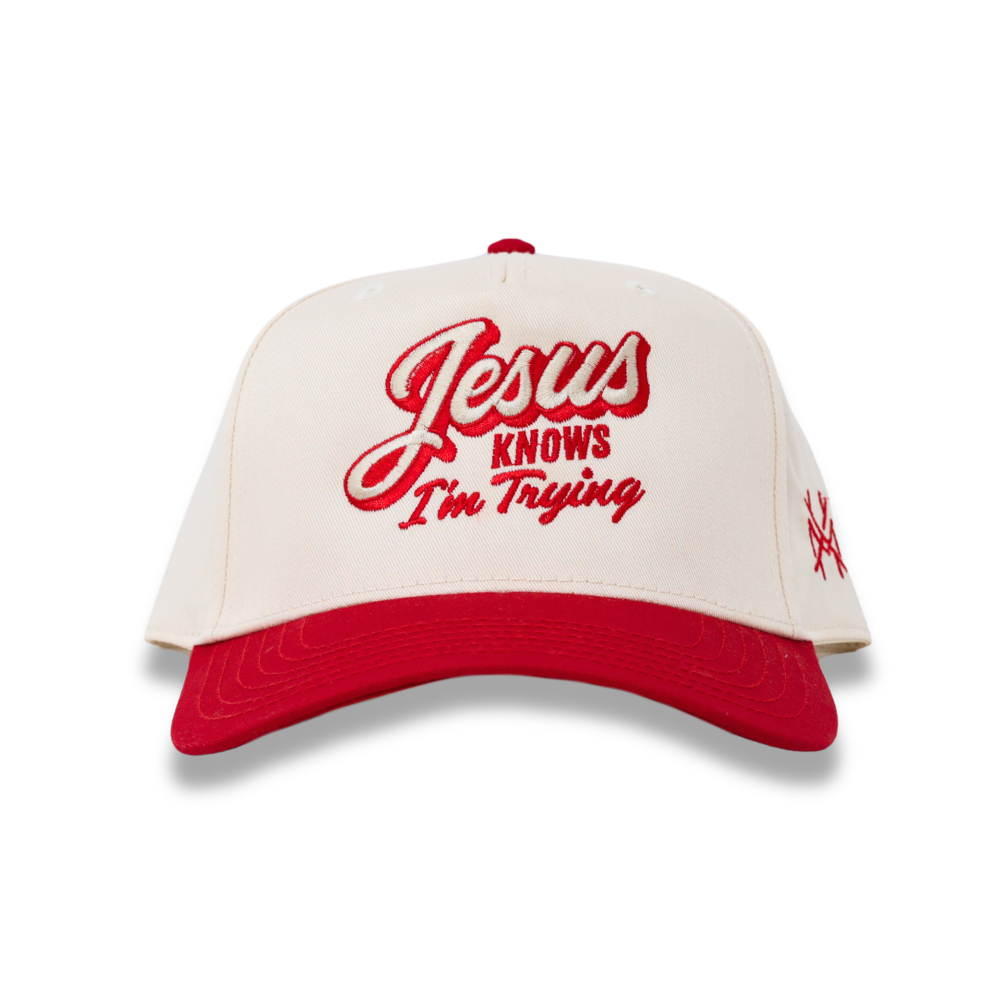 The Mad Hatter Co - Jesus Knows I'm Trying Trucker Hat: Retro Powder Blue/Natural
