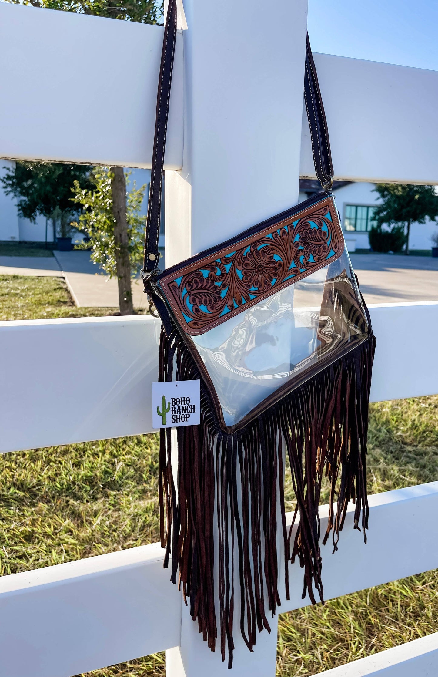 Boho Ranch Shop - Hand Tooled Clear Purse Crossbody - Concert Game Day Stadium: TAN/ BROWN