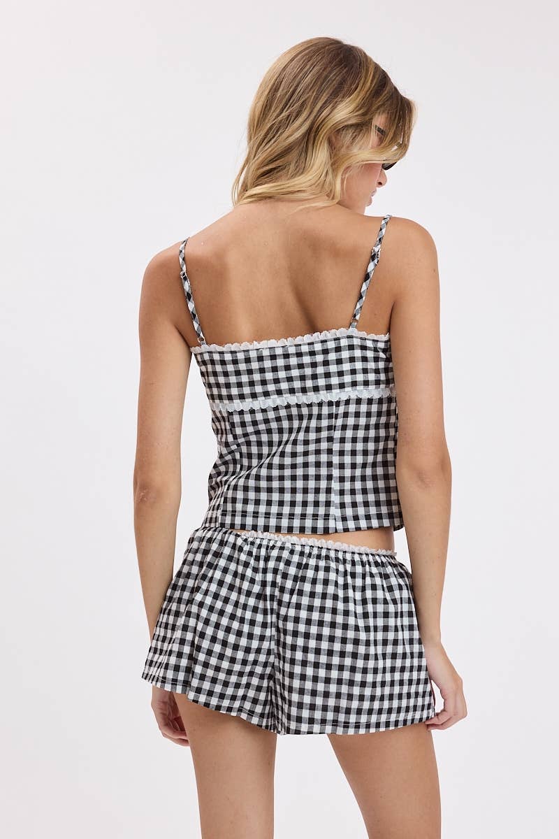 Sky to Moon - GINGHAM CHECKER LACE RIBBON POINT CAMI TOP: RED GINGHAM / L