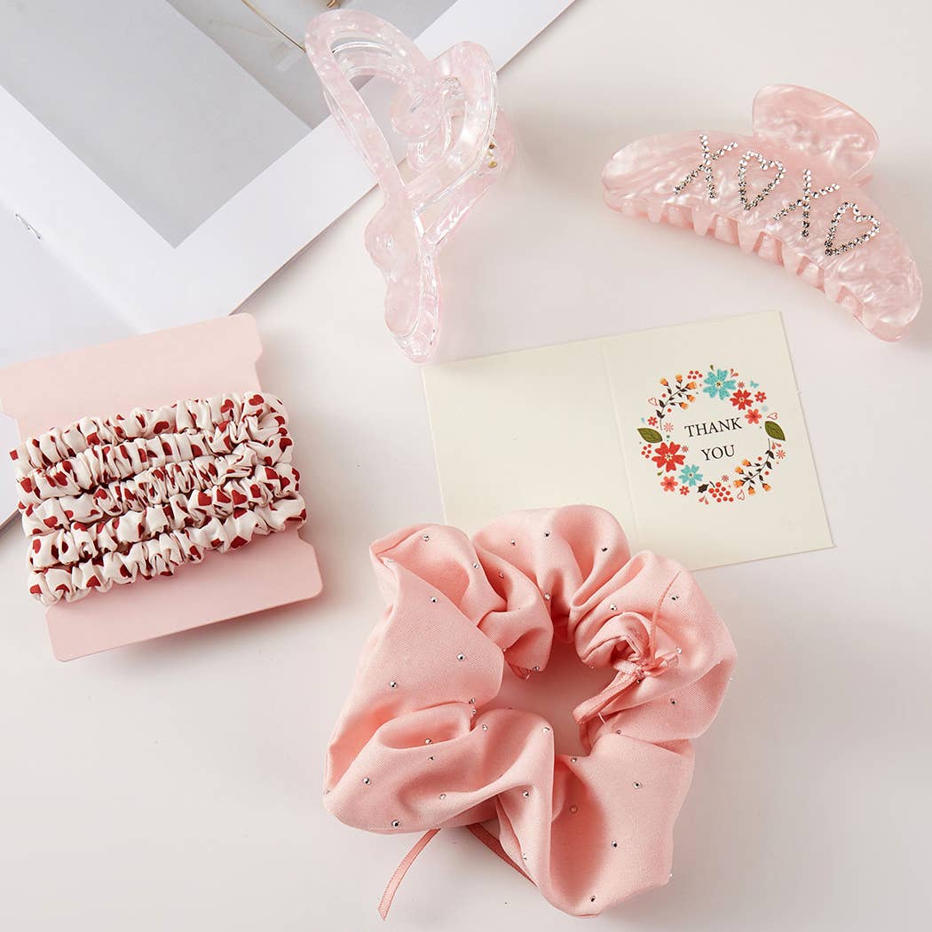 Fashion City - Heart Theme Hair Scrunchies Hair Claw Clips Set: ASSORTED / ONE SIZE