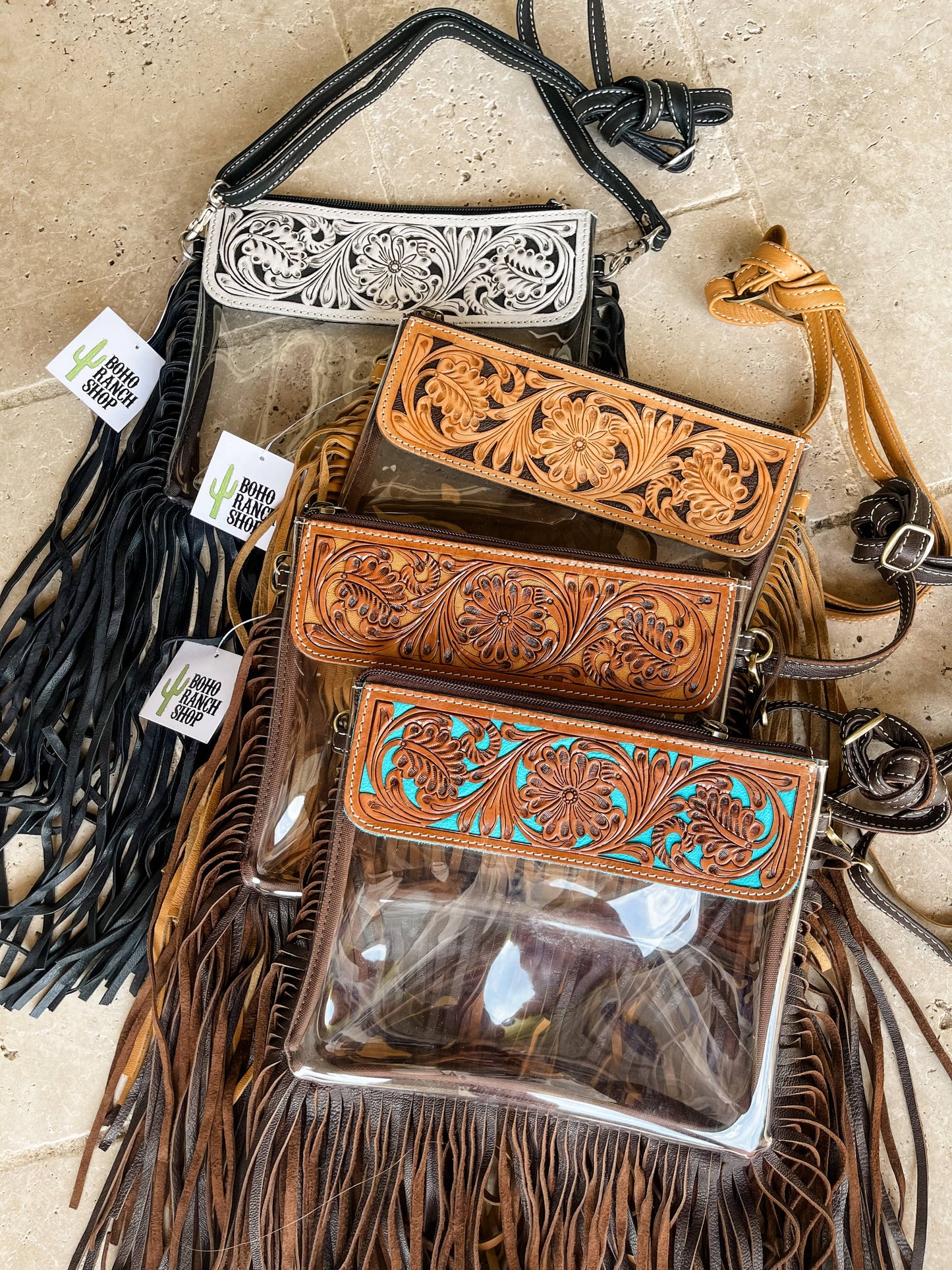 Boho Ranch Shop - Hand Tooled Clear Purse Crossbody - Concert Game Day Stadium: TAN/ BROWN
