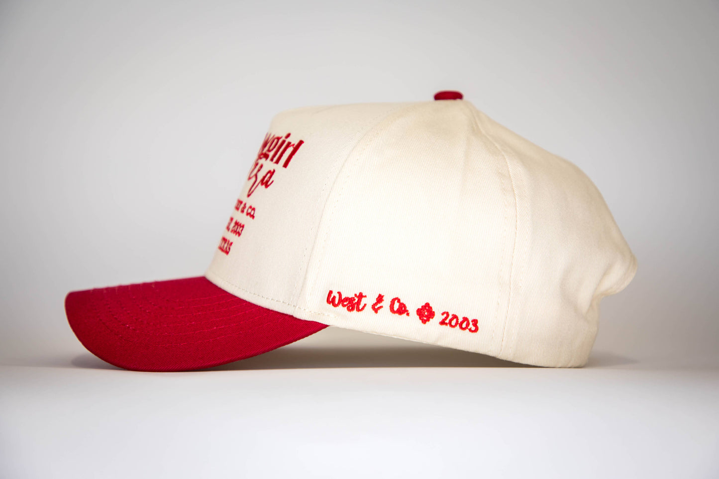 West & Co. - Red & Cream 5 Panel Baseball Cap w/Red West & Co. Cowgirl