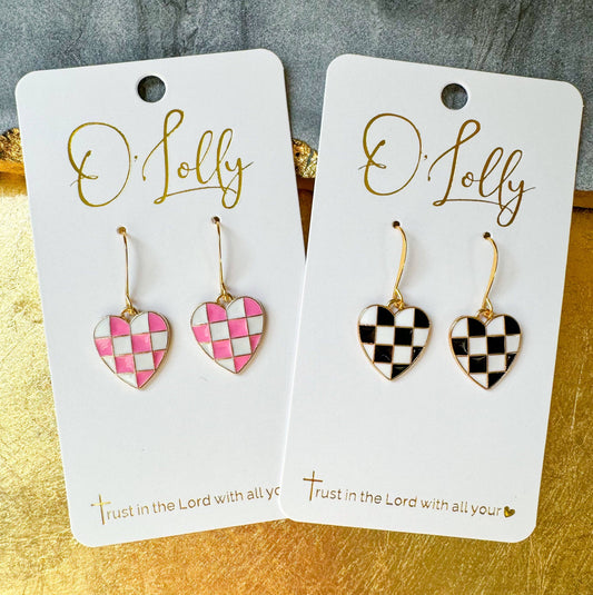 O’Lolly Jewelry - Mini Checkered Enamel Heart Earrings, Pink & Black: Black