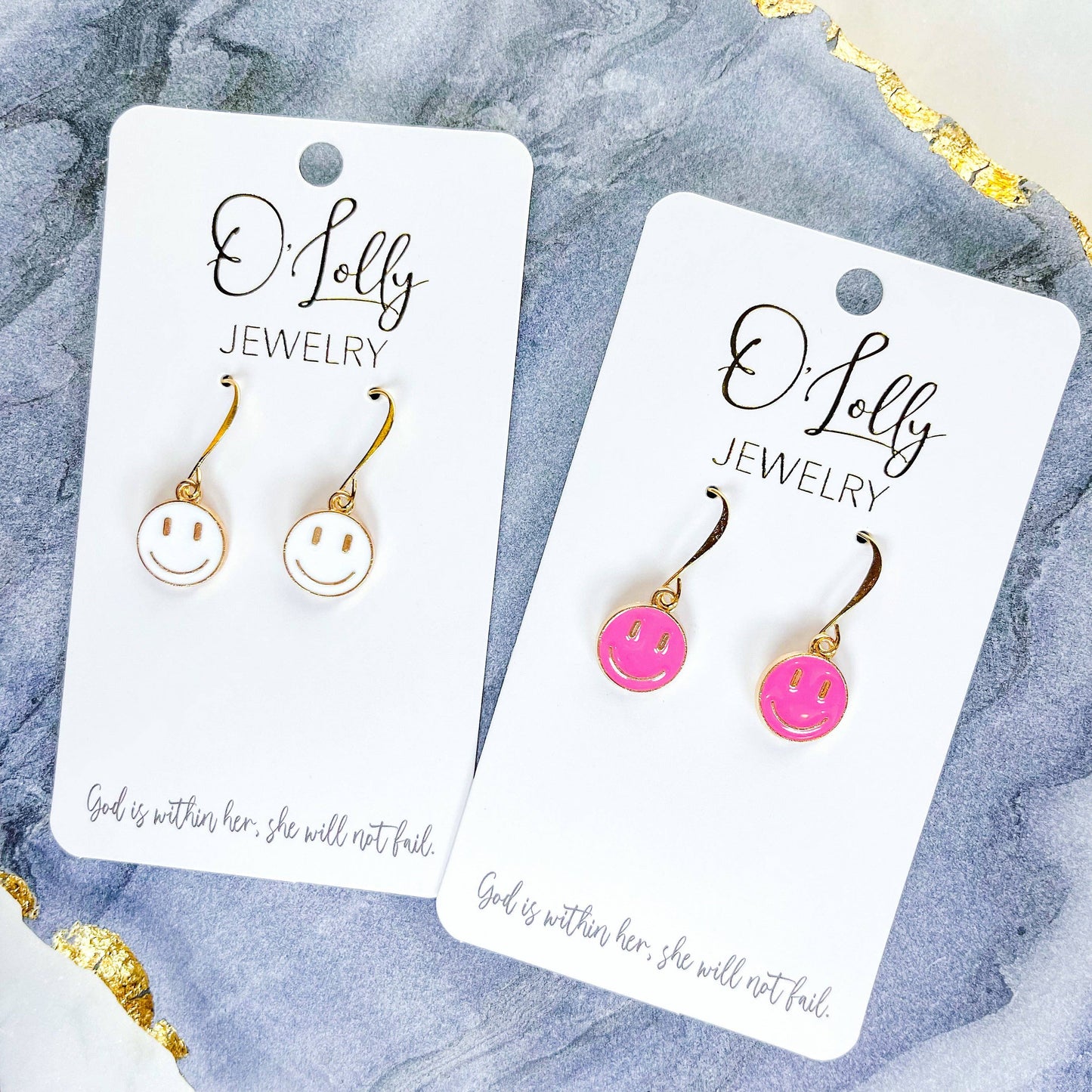 O’Lolly Jewelry - "Smiley"- Enamel Smiley Face Dangle Earrings, Pink & White: White