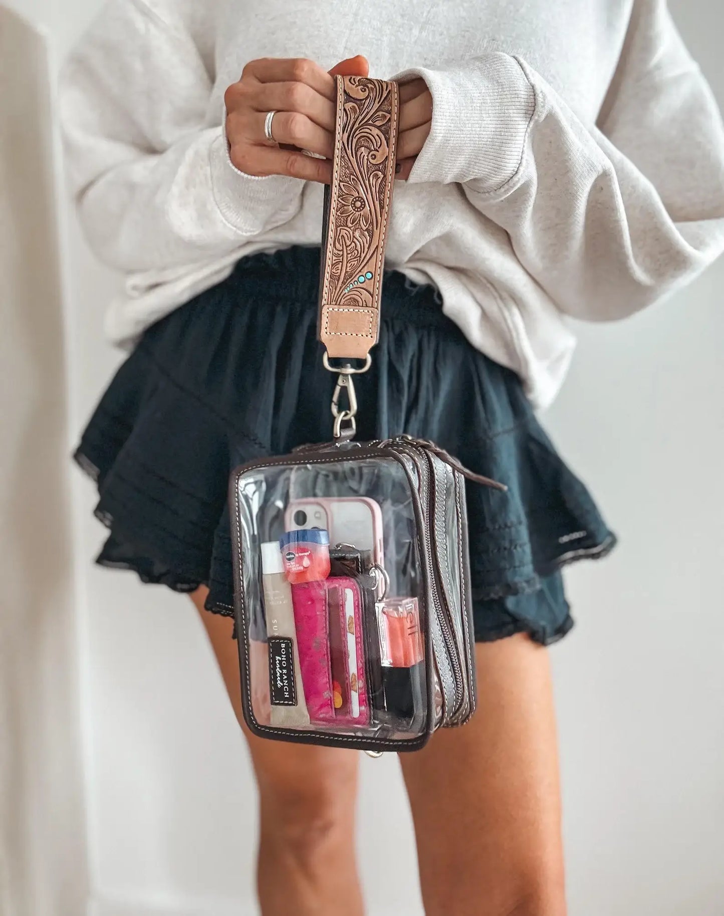 Boho Ranch Shop - DARLA CLEAR WRISTLET | transparent western purse - game day : BROWN