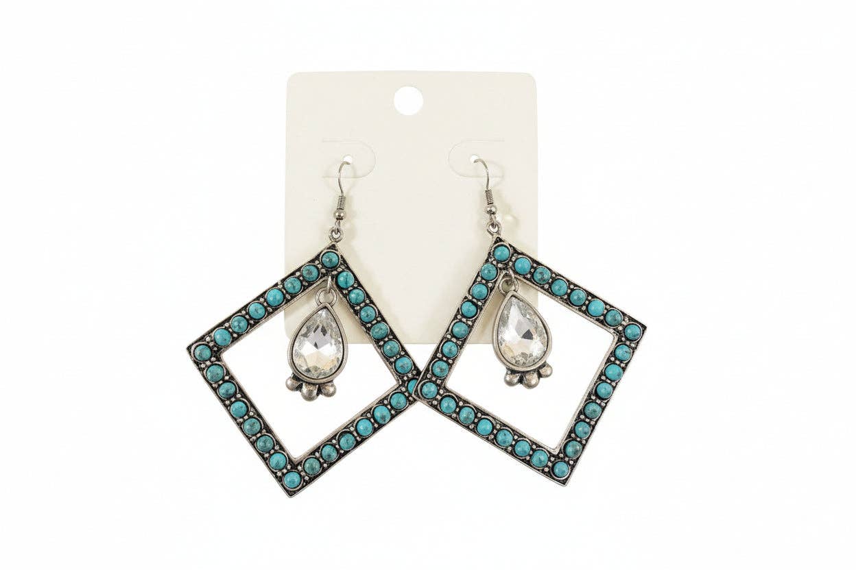 Turquoise Haven - Diamond Turquoise W/ Center Crystal Earrings