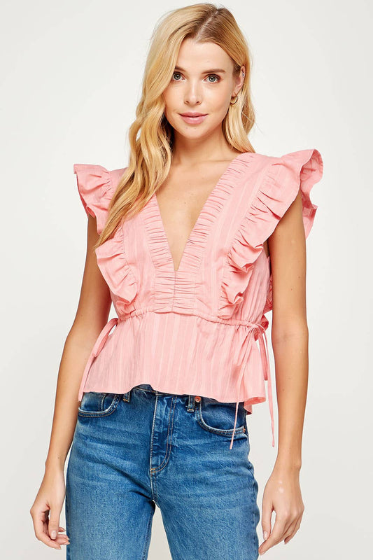 Strut & Bolt - Smocked Detail Ruffle Top: FLAMINGO PINK