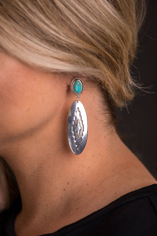 West & Co. - 3" Oval Aztec Stamped Earring on Turquoise Post