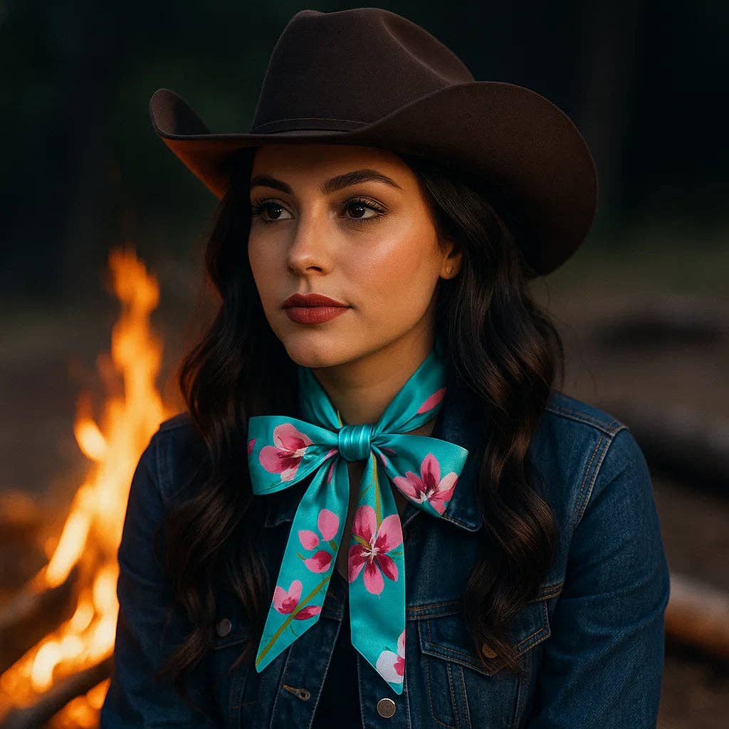 Rodeo Drive - Turquoise and Pink Western Skinny Mini Wild Rag Scarf / Cowgirl Necktie #TW319
