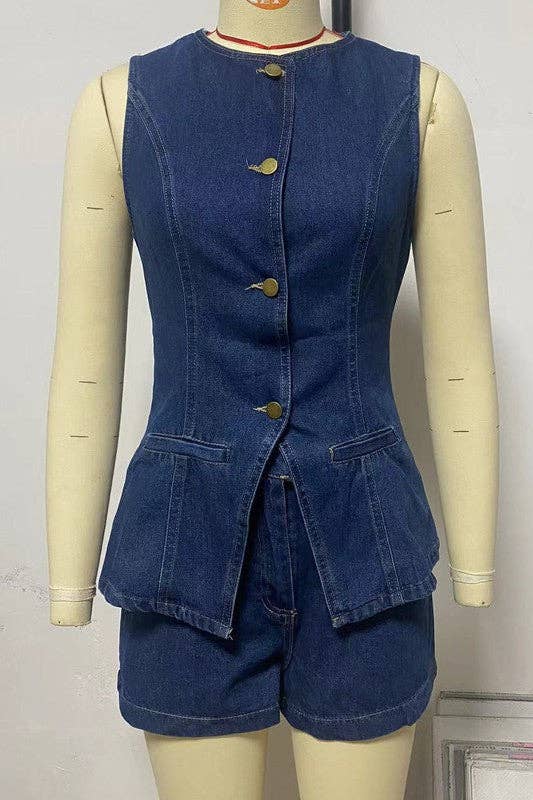 By Claude - WOMEN FASHION DENIM TWO PIECE SET: Navy / L