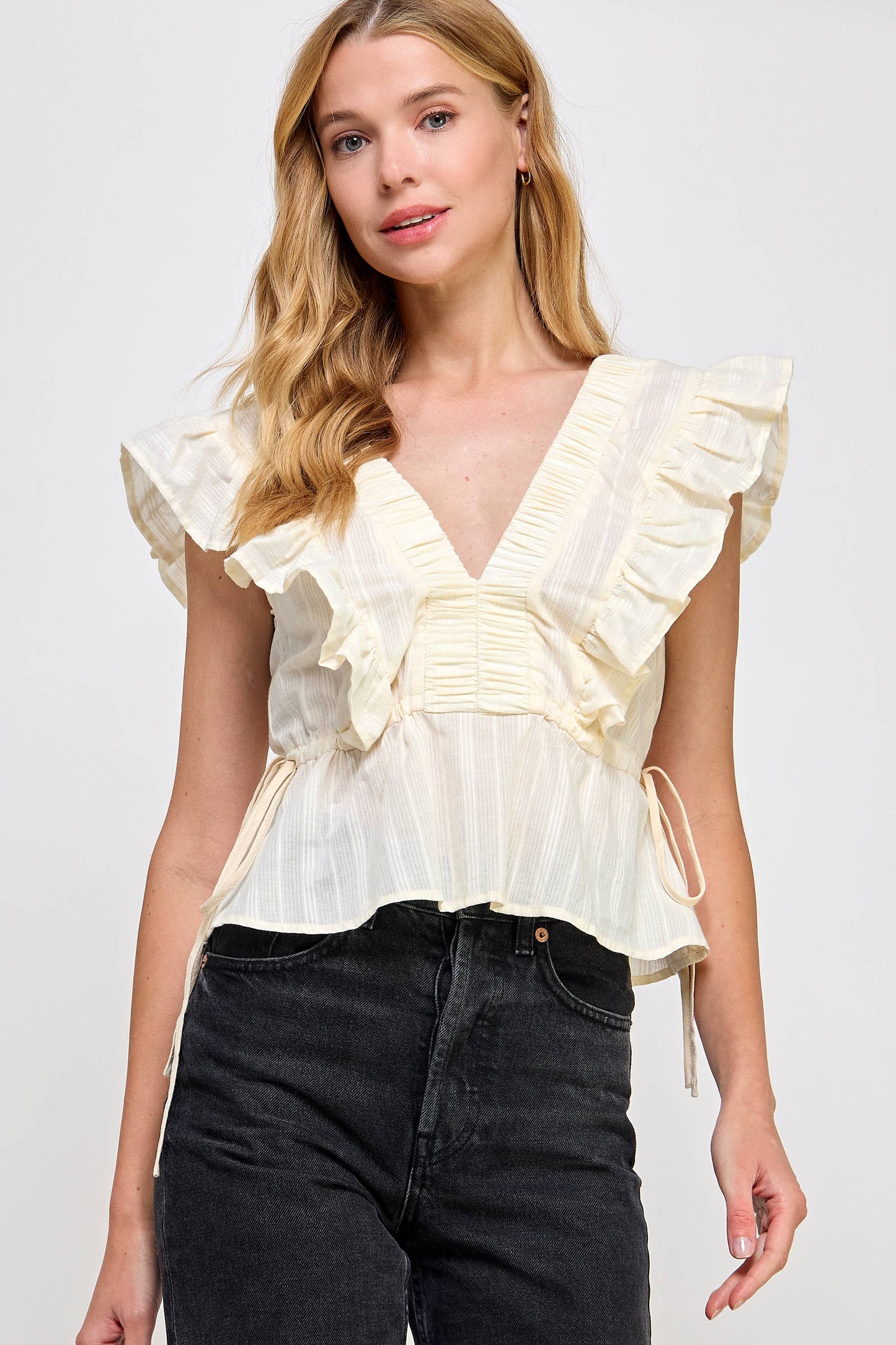 Strut & Bolt - Smocked Detail Ruffle Top: FLAMINGO PINK