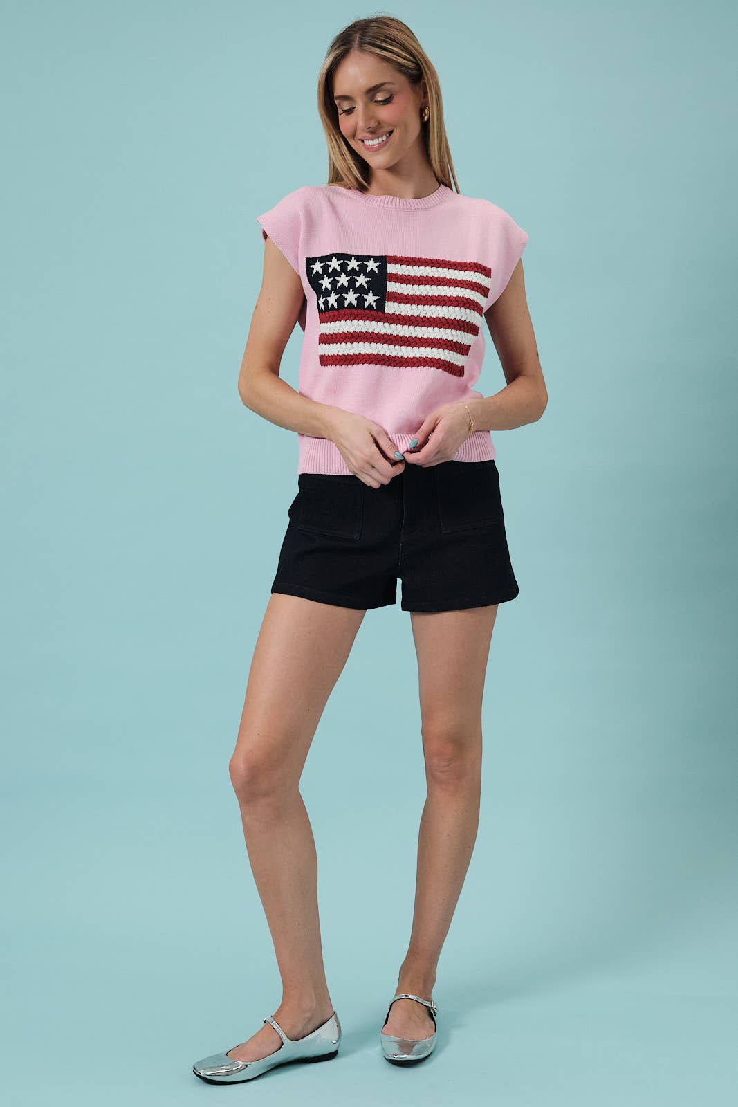Sunday Edition - ROUND NECK WIDE SHOULDER USA FLAG SWEATER: LT BLUE / M