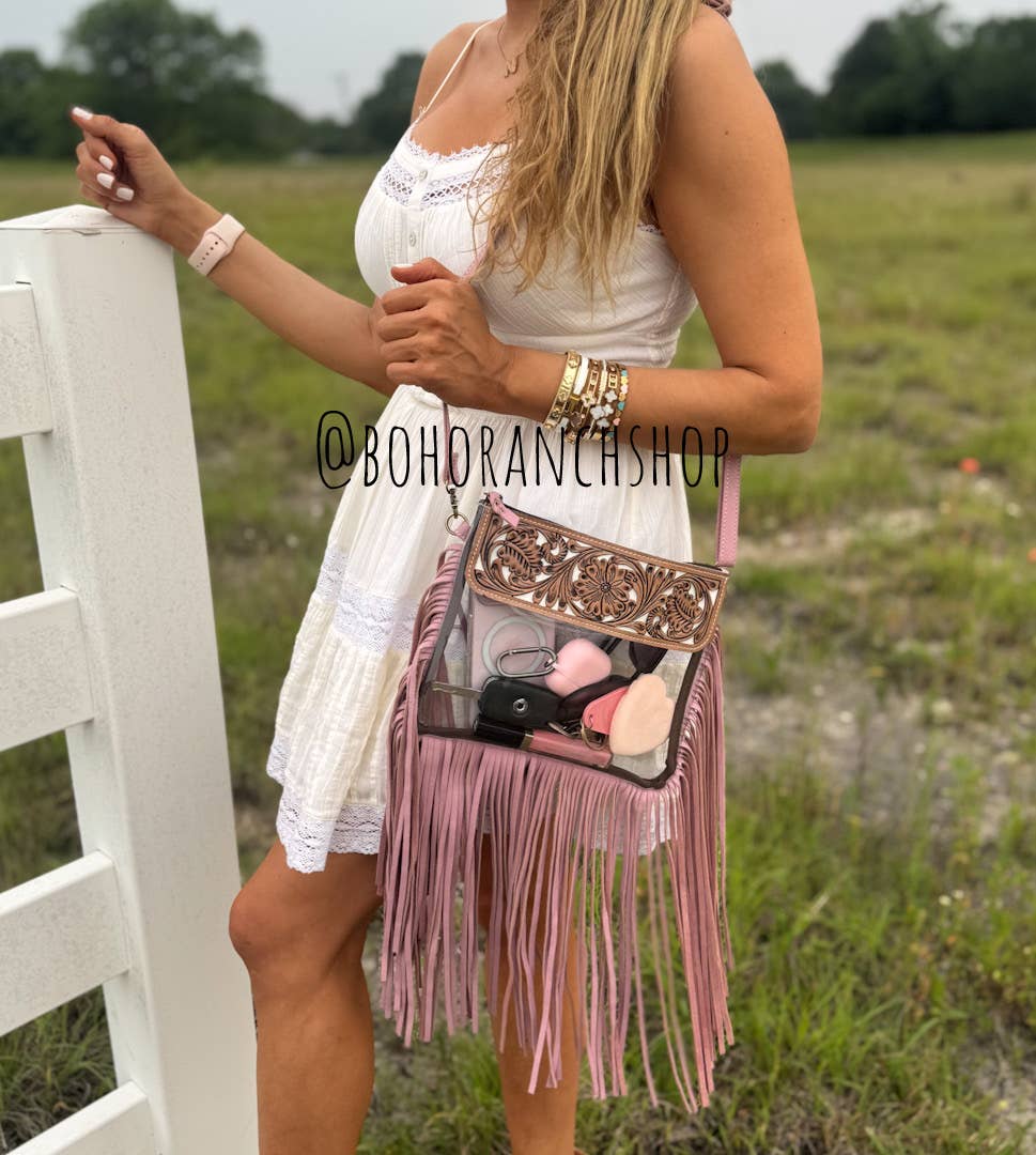 Boho Ranch Shop - Hand Tooled Clear Purse Crossbody - Concert Game Day Stadium: BROWN/ TAN