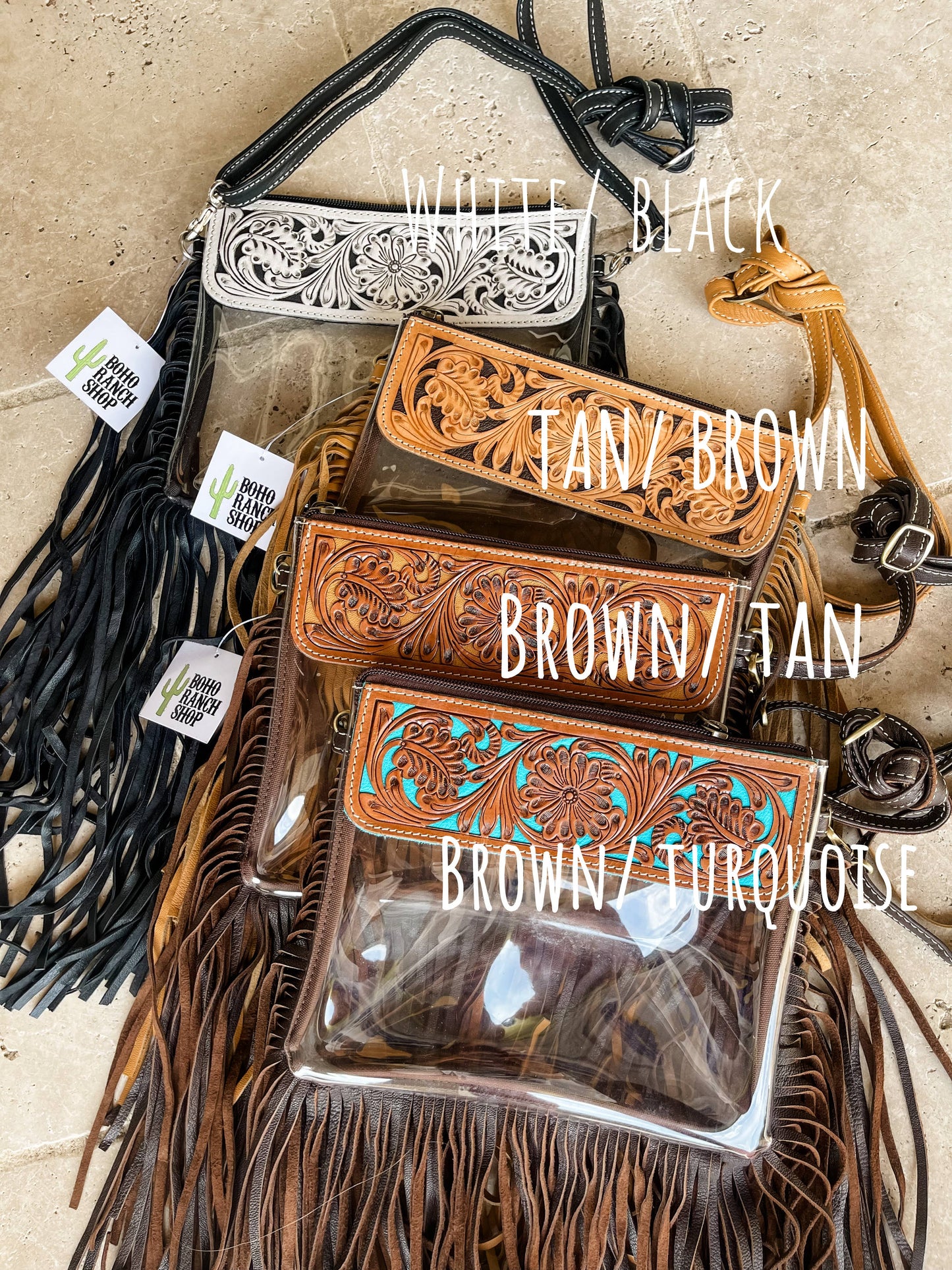 Boho Ranch Shop - Hand Tooled Clear Purse Crossbody - Concert Game Day Stadium: BROWN/ TAN
