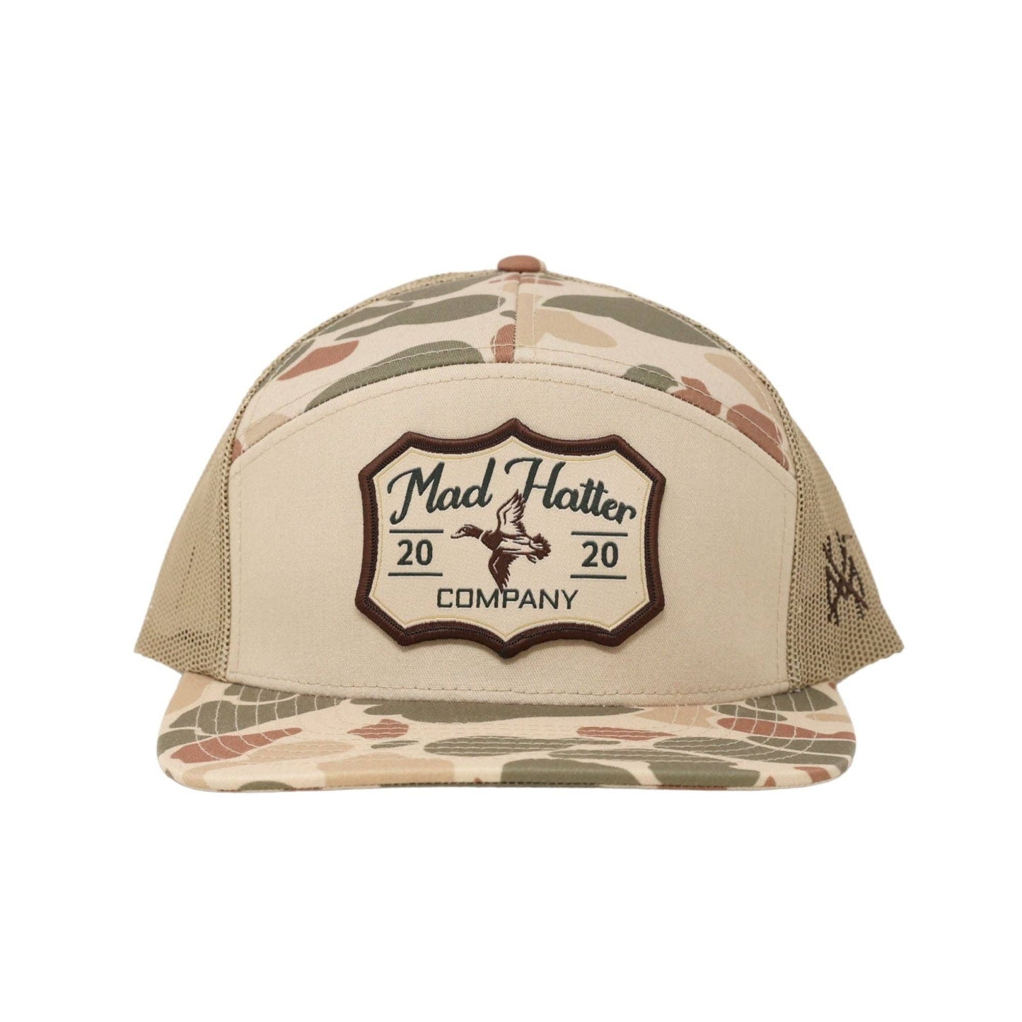 The Mad Hatter Co - Green Head Trucker Hat: 7 Panel Harvest Camo/Tan/Harvest Camo