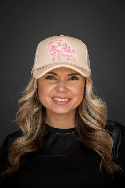 West & Co. - Tan Trucker Cap w/ Embroidered Light Pink Cowgirl Era Design