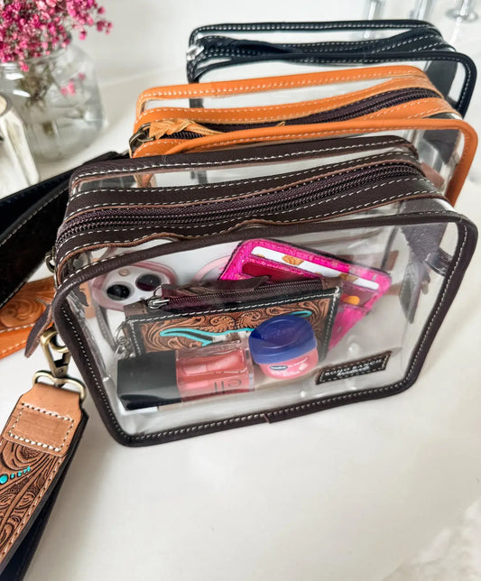 Boho Ranch Shop - DARLA CLEAR WRISTLET | transparent western purse - game day : BROWN