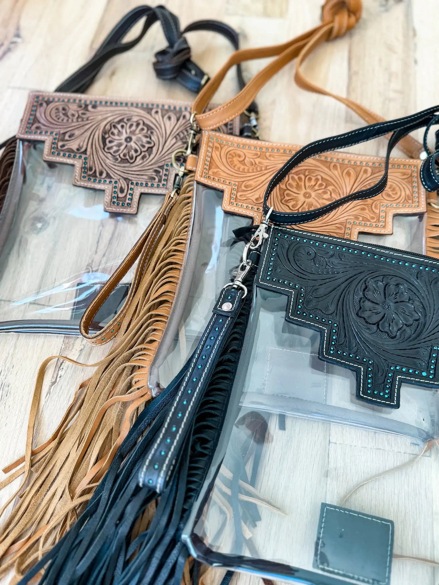 Boho Ranch Shop - SHAYNE LARGE - Hand Tooled Clear Crossbody Concert bag: Brown