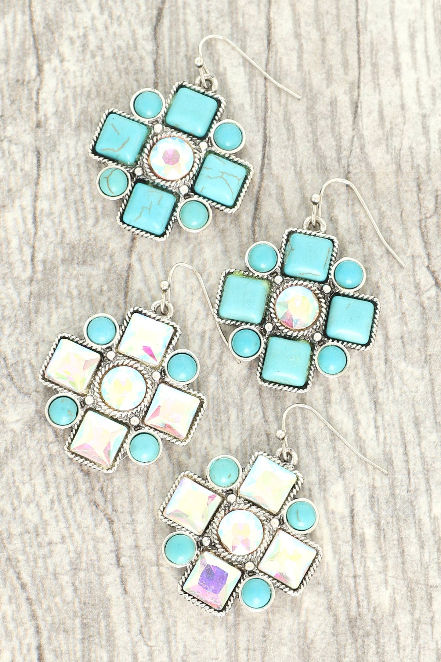 SP Sophia Collection - Western Crystal Turquoise Cross Earrings : Iridescent