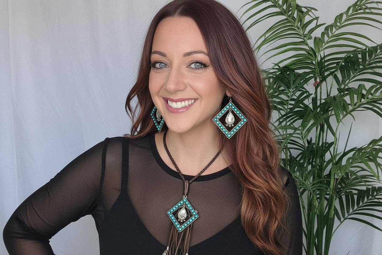 Turquoise Haven - Diamond Turquoise W/ Center Crystal Earrings