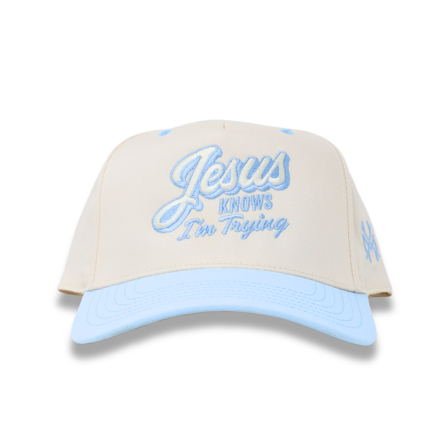 The Mad Hatter Co - Jesus Knows I'm Trying Trucker Hat: Retro Powder Blue/Natural