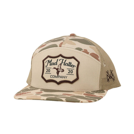 The Mad Hatter Co - Green Head Trucker Hat: 7 Panel Harvest Camo/Tan/Harvest Camo