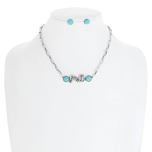 SP Sophia Collection - "Y'all" Turquoise Semi Stone Pendant Chain Necklace Set