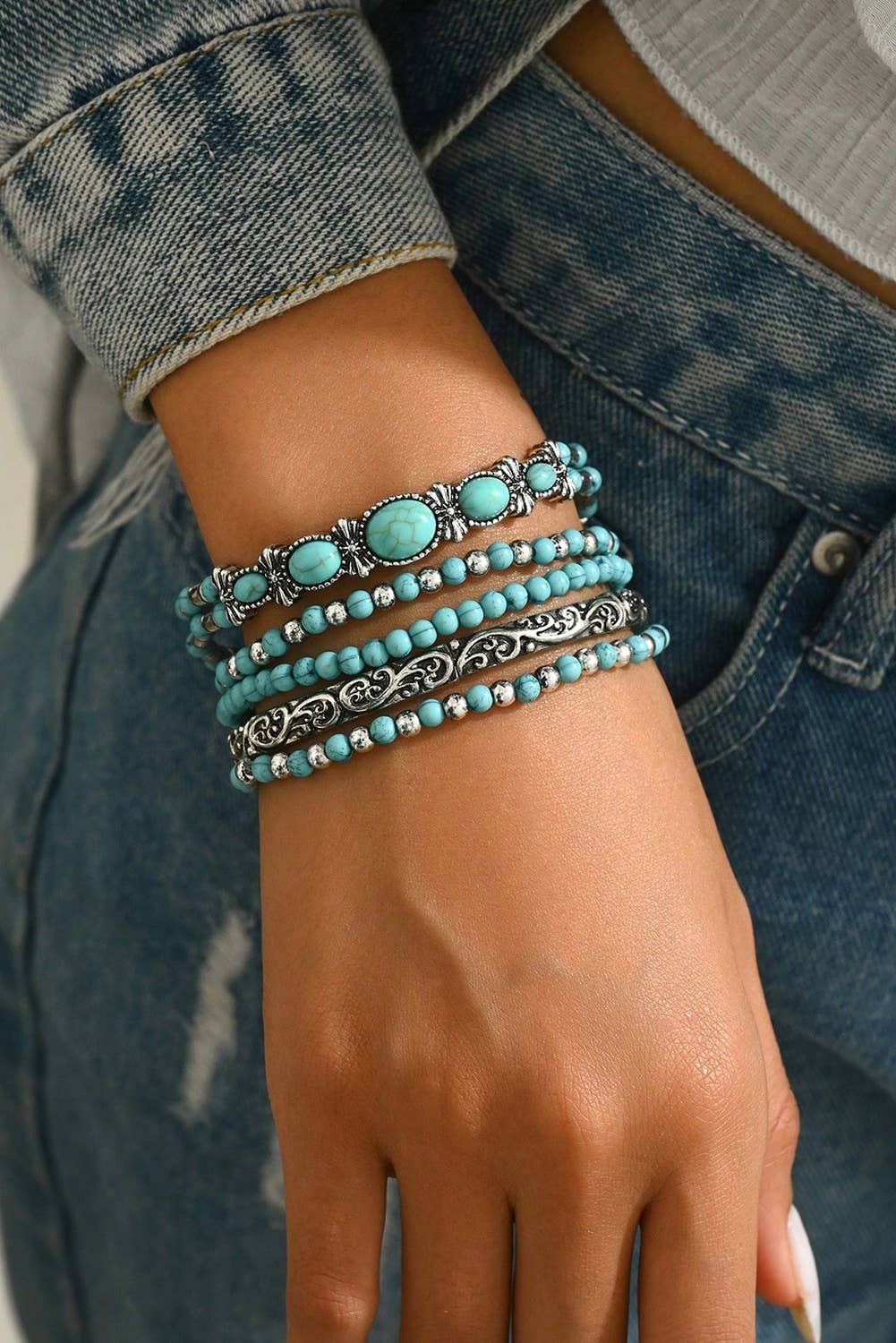 Little Daisy Closet -  LDC Western Turquoise Beading 5pcs Layered Bracelet: Silvery