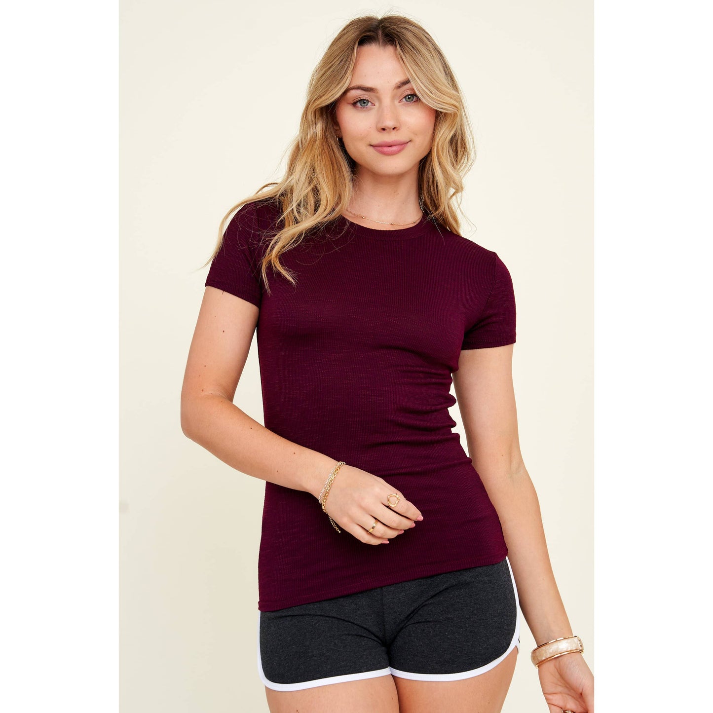 Popular 21 - Crew Neck Short Sleeve Rib Knit Basic Tee: Black / S-M-L(2-2-2)