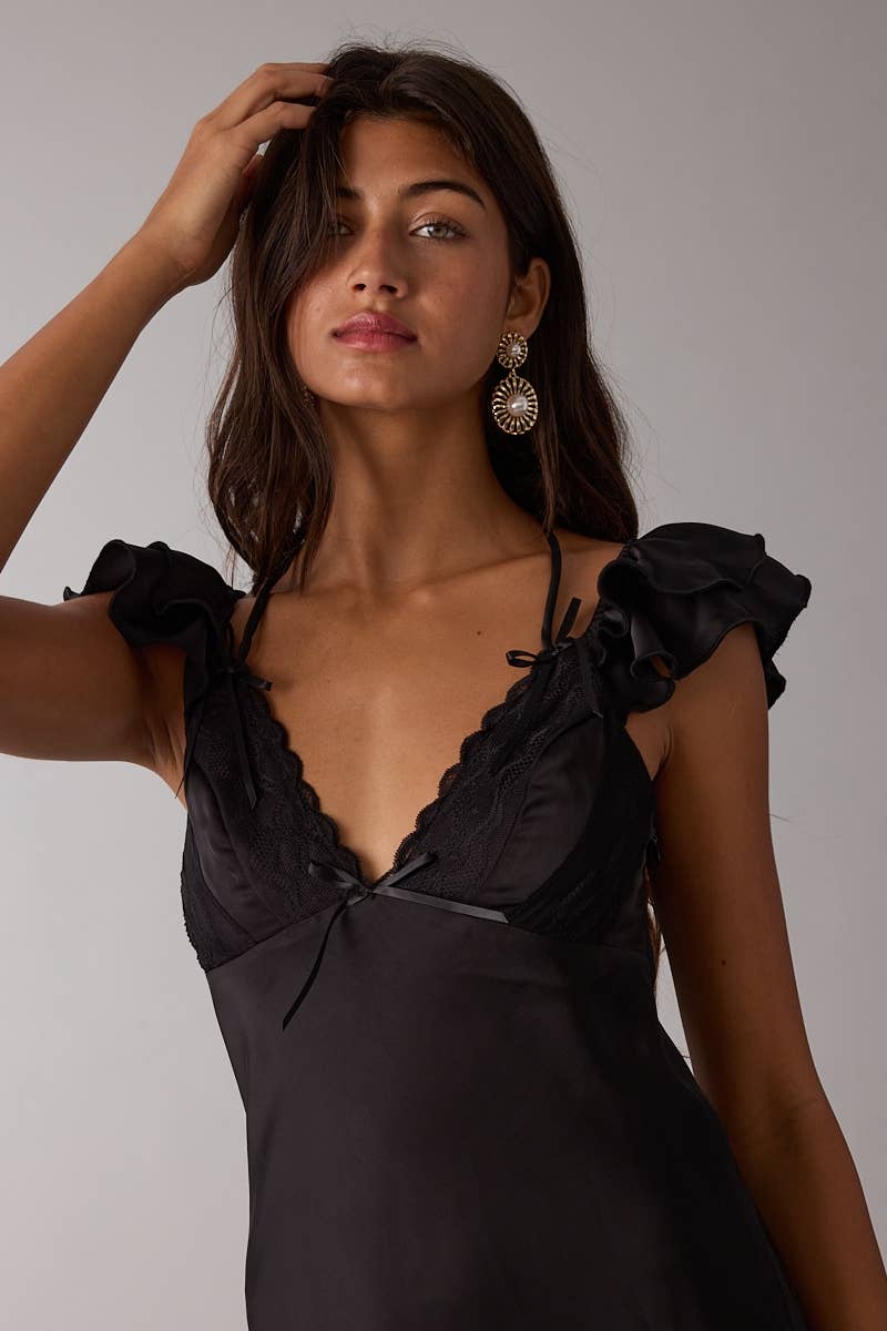 Sky to Moon - SATIN RUFFLE WING SLEEVE SCELLOP LACE MINI DRESS: BLACK / S