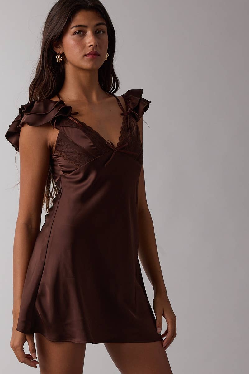 Sky to Moon - SATIN RUFFLE WING SLEEVE SCELLOP LACE MINI DRESS: BLACK / M