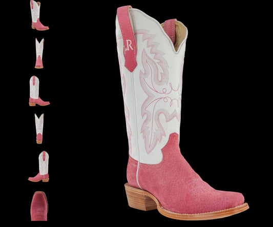 R WATSON WOMENS ROSE BOAR/ WINTER WHITE COWHIDE COWGIRL BOOTS