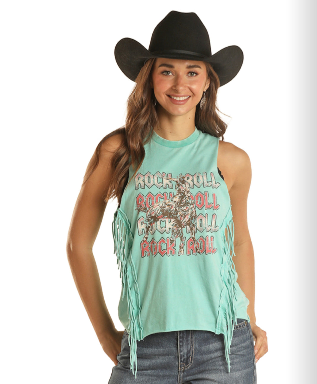 ROCK&ROLL DENIM FRINGE TANK WITH GRAPHIC IN TURQUOISE