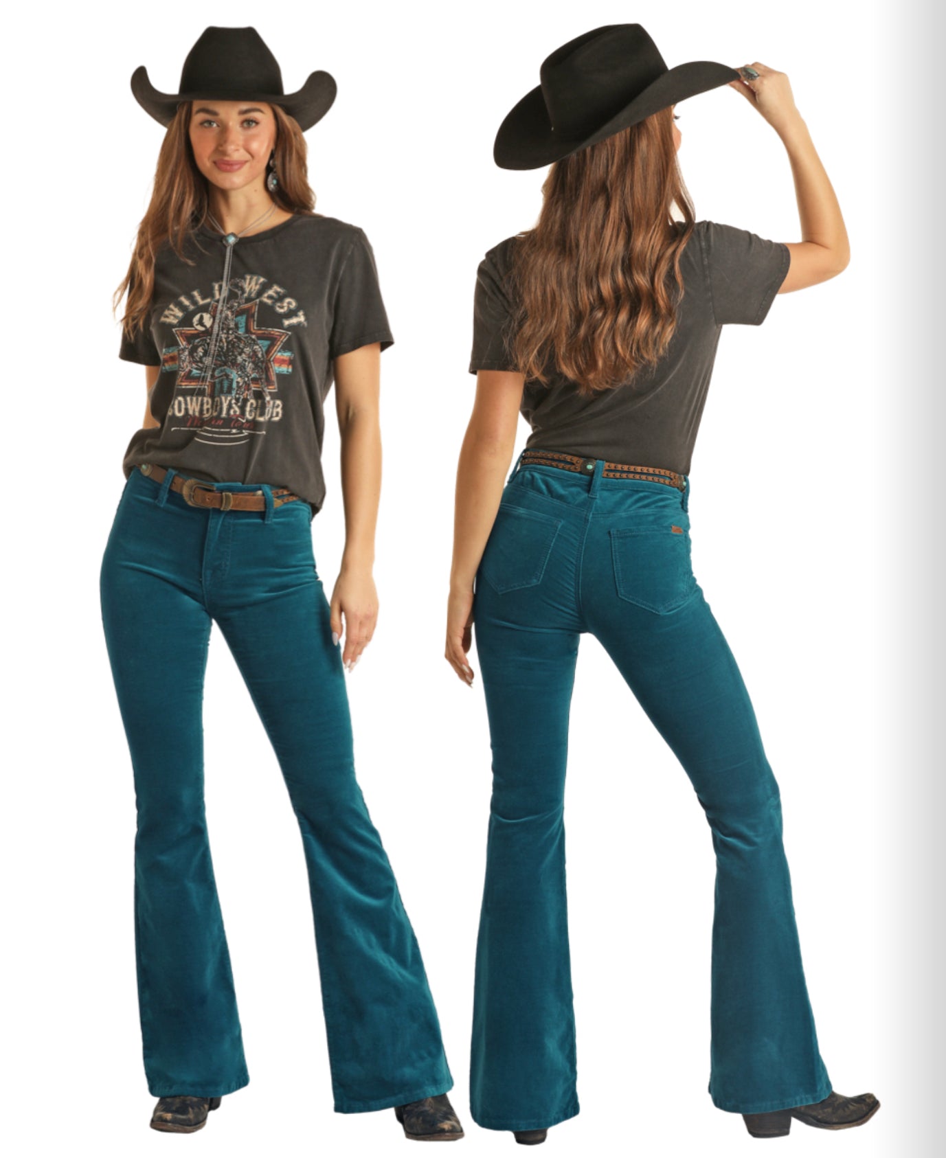 ROCK&ROLL DENIM TEAL CORDUROY BUTTON FLARE IN TEAL
