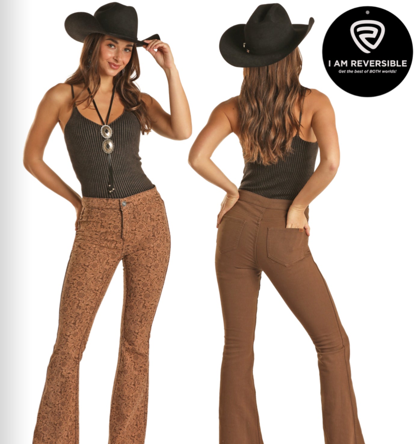 ROCK&ROLL DENIM WOMENS REVERSIBLE BUTTON FLARE IN BROWN AND TOOLED LEATHER PRINT