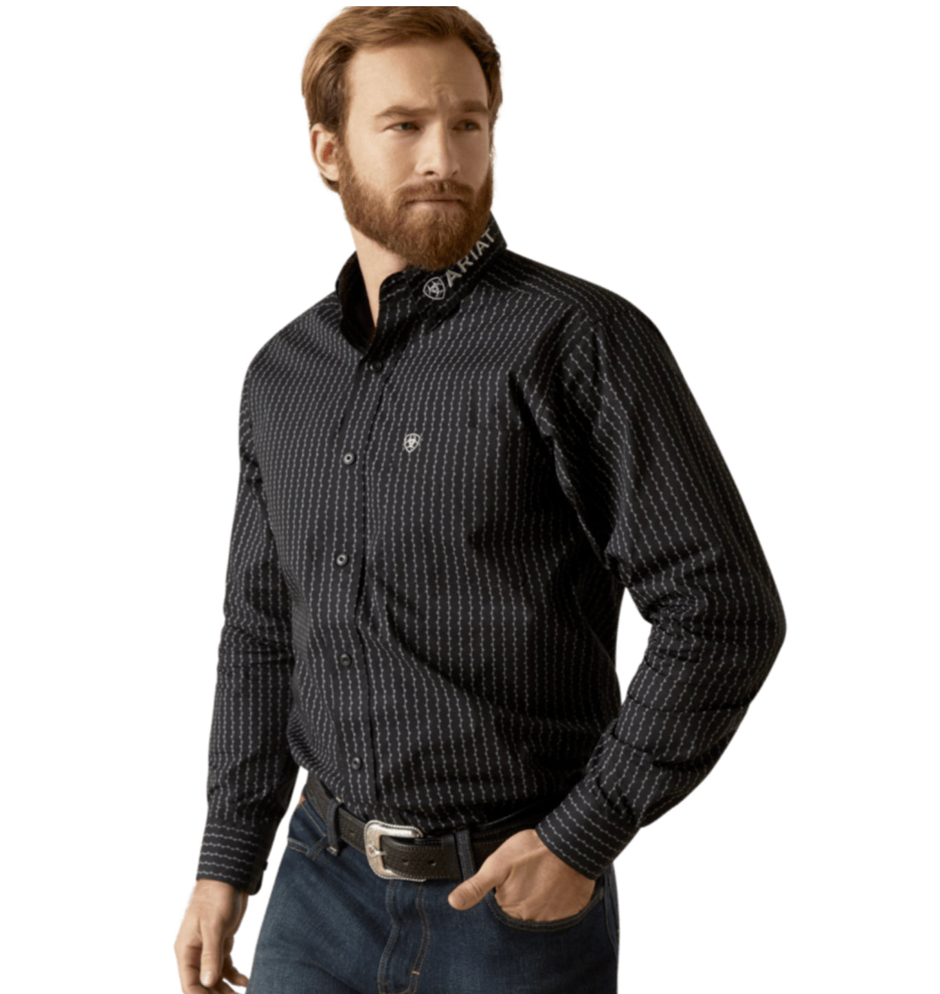 ARIAT MENS TEAM WOODSON FITTED LONG SLEEVE SHIRT IN BLACK