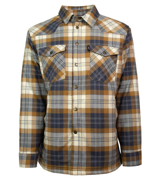 HOOEY MENS FLANNEL JACKET, TAN/PLAID PATTERN WITH CREAM SHERPA LINING
