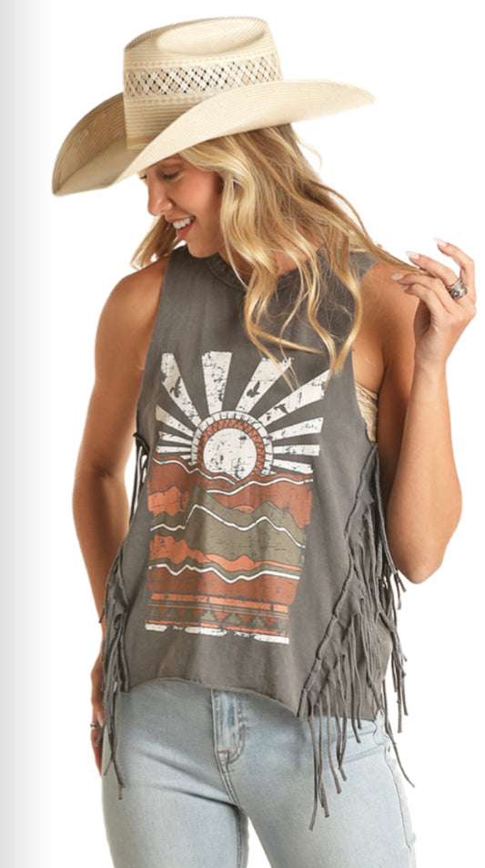 ROCK&ROLL DENIM GRAPHIC TANK WITH FRINGE