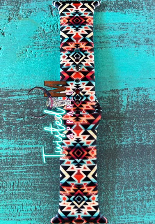 Twisted M, LLC - Watch Band 10-Black Rust Turquoise Aztec