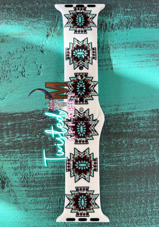 Twisted M, LLC - Watch Band 15-White & Turquoise Squash Aztec