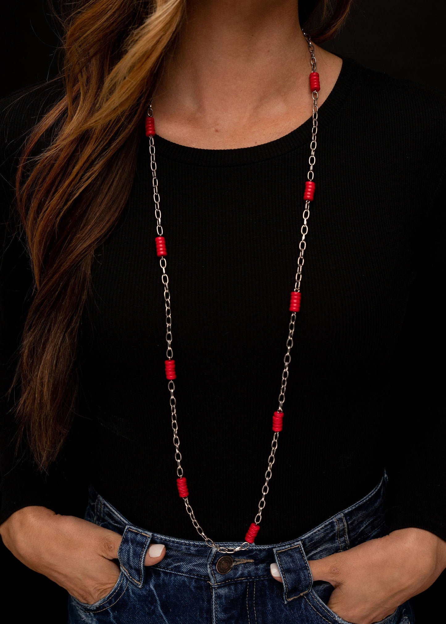 West & Co. - 36" Multi way Chain Link Necklace with Red Accents