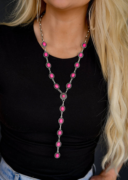 West & Co. - Dainty Silver Oval Pink Concho Lariat Style Necklace