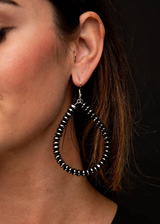 Burnished Silver & Black Rondell Bead Teardrop Earring
